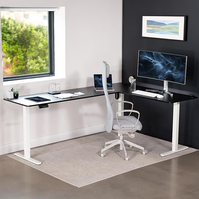 VIVO Electric Corner 84 x 63 inch L-Shaped Standing Desk, Memory Height Adjustment, Black Top White Frame, DESK-E3CTWB-84