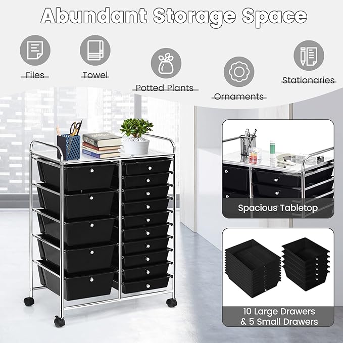 COSTWAY 15 Drawer Rolling Storage Cart, Multipurpose Mobile Storage Organizer w/Removable Drawers & Metal Frame, Utility Tools Paper Organizer on Wheels for Home, Office (Black)