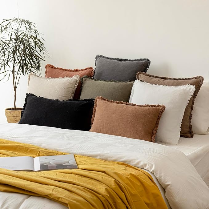 Foindtower Set of 2 Decorative Linen Fringe Throw Pillow Covers Cozy Farmhouse Boho Cushion Cover with Tassels Soft Accent Pillowcase for Couch Sofa Bed Living Room Home Decor 20×20 Inch Gray