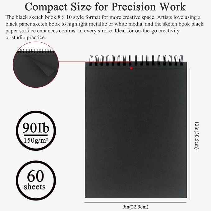 Fuxi Black Paper Sketchbook 8"×10", 60 Sheets (90lb/150gsm) Double-Sided Hard Cover, Spiral Bound, Ideal Art Supplies for Teens - Gifts for Teenage Artists.