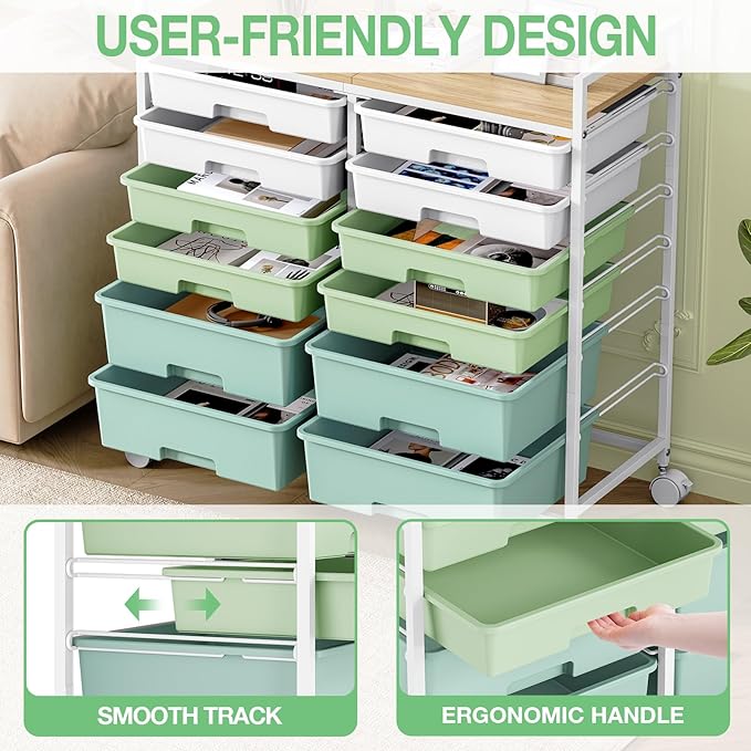Rolling Storage Cart with 12 Drawers, Wooden Tabletop Utility Cart for Craft Storage, Art Supply Storage & Home Office Organization, Teacher Cart with Wheels for Classroom Organization, School (Green)