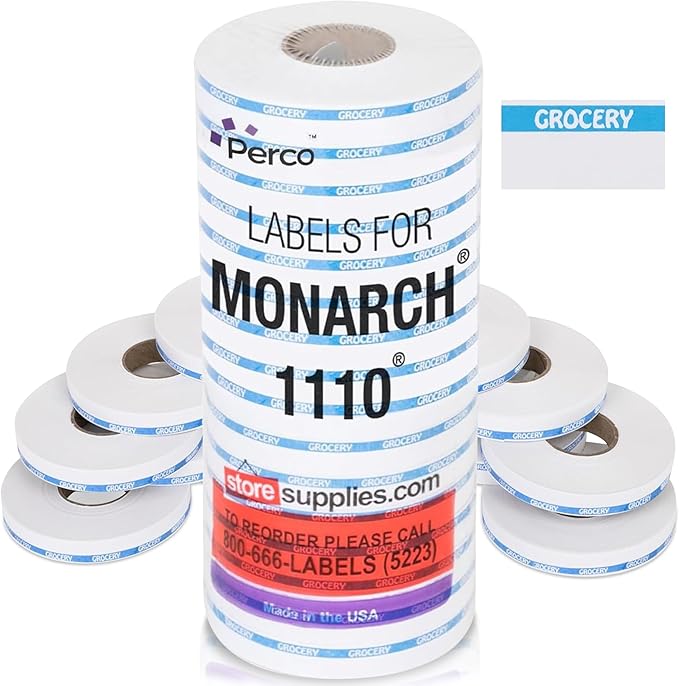 Perco Blue Reverse Print on White Grocery Labels to fit Monarch 1110 Price Gun, 16 Rolls - 17,000 Labels