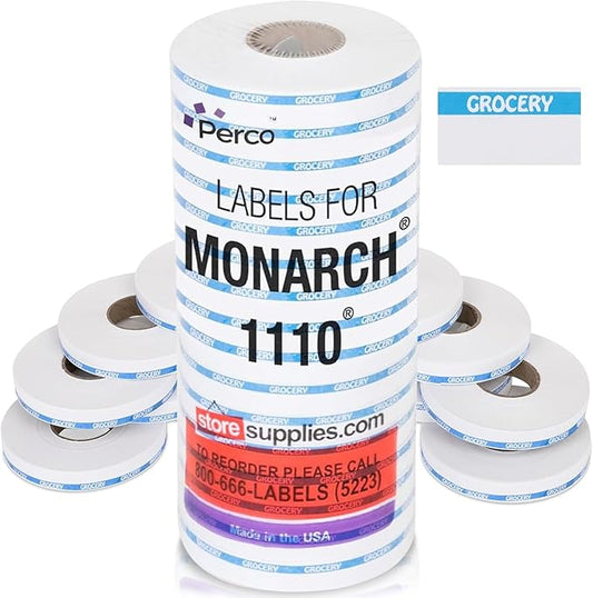 Perco Blue Reverse Print on White Grocery Labels to fit Monarch 1110 Price Gun, 16 Rolls - 17,000 Labels