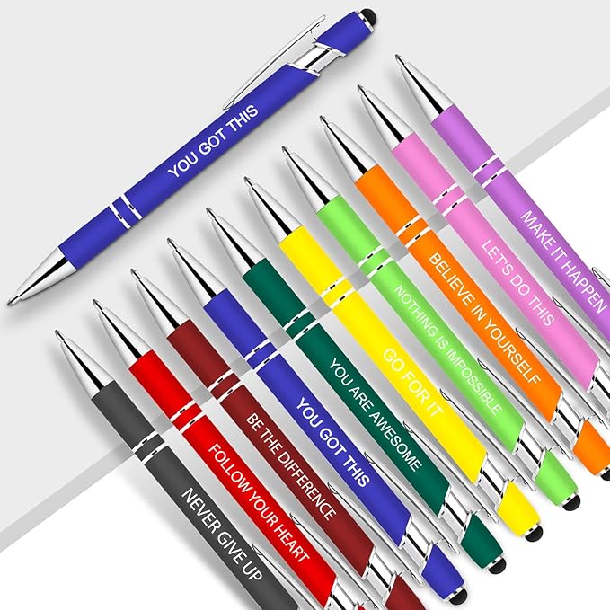 Greengines 10 Pcs Inspirational Pens - Motivational Ballpoint Ink Pens Bulk with Stylus Tip quotes Gifts for School Coworkers Office Supplies Black Ink