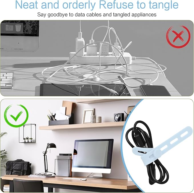Donruby 24Pcs Silicone Cable Ties - Reusable & Washable with Locking Buckles, Adjustable Fastening Cable Management Straps, Multi-Purpose High Elasticity Cord Organizer (Ice Blue)