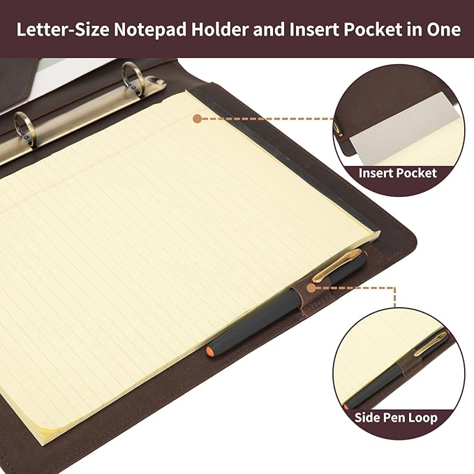 Geslun Genuine Leather 3 Ring Binder, 8.5 x 11 Letter Size Folio with Pen Holder, Soft Notebook Portfolio Cover, Slim Notepad Padfolio Thin File Organizer for Work Executive Meeting, Dark Brown