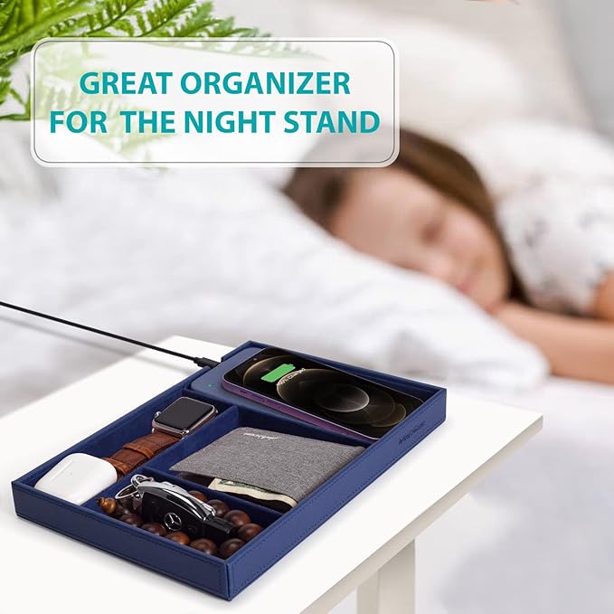 Valet Tray, Built in Wireless Charging Pad, Nightstand Organizer, Bedside Organizer, Mens Jewelry Box, Everyday Carry Tray for Men and Women -Blue