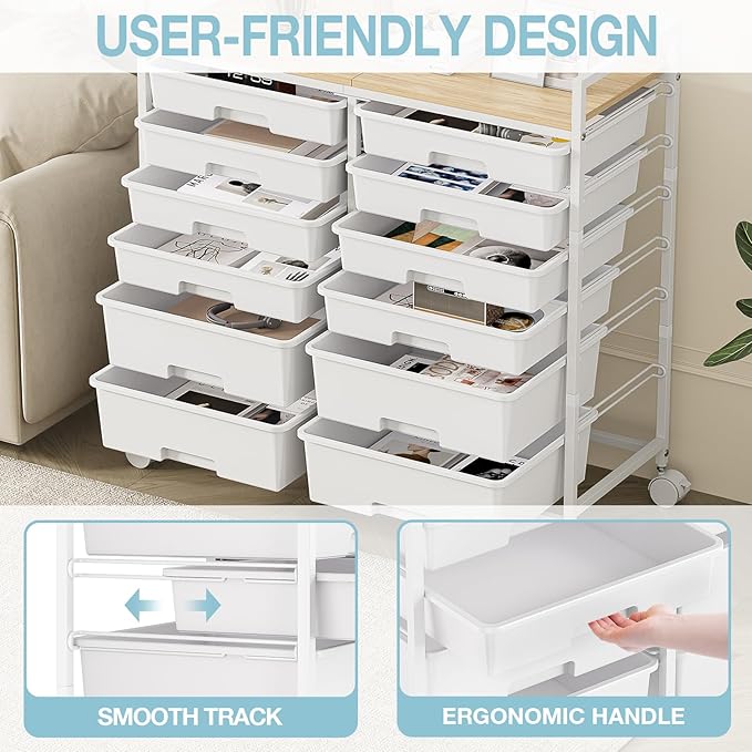 Rolling Storage Cart with 12 Drawers, Wooden Tabletop Utility Cart for Craft Storage, Art Supply Storage & Home Office Organization, Teacher Cart with Wheels for Classroom, School (White)