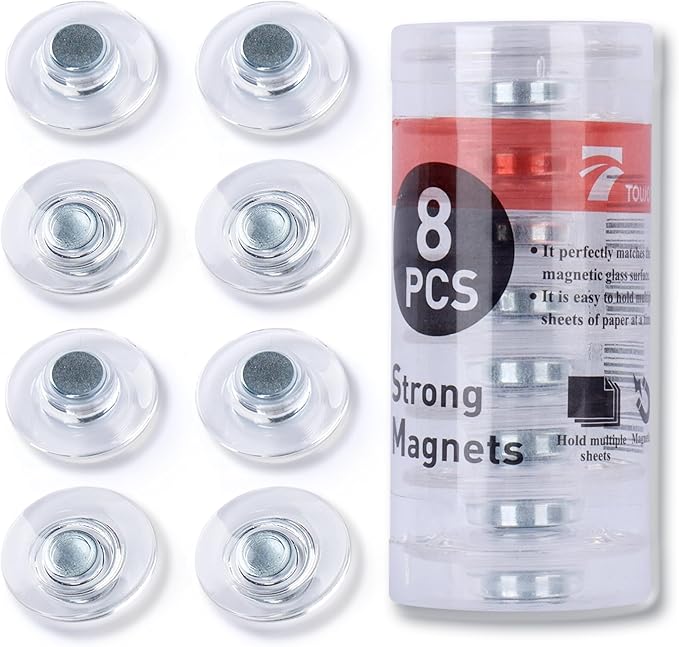 TOWON Strong Nerdy Magnets for Glass Whiteboard, Customized for Glass Dry Erase Board, Large, Clear (8 Pack)