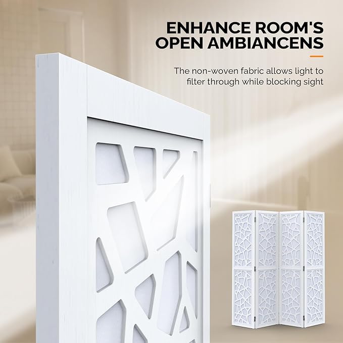 VINGLI 70'' H Room Divider, Non-Woven Fabric Privacy Screen, Indoor Partition Wall Dividers, Freestanding Hinged Space Separator with Modern Unique Pattern (White, 4 Panel)