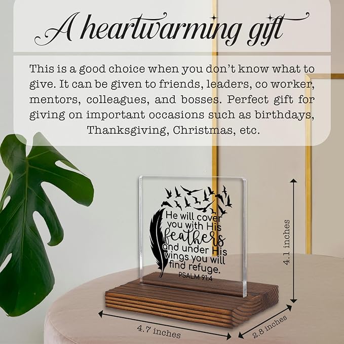 Christian Bible Verse Desk Sign, Psalm 91:4 Feather Wings Inspirational Scripture Gift for Women Men, Spiritual Office Desk Plaque for Birthday, Baptism, Retirement, Christmas PA129