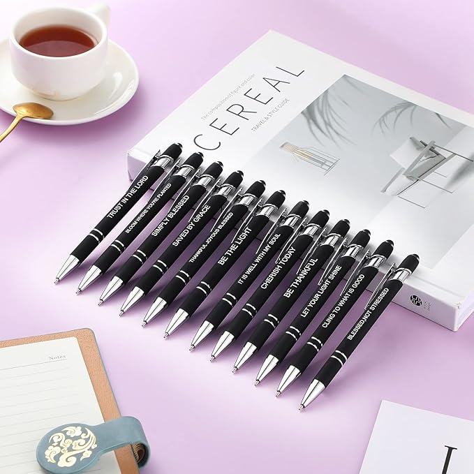 Zonon 12 Pcs Inspirational Pens Bulk Funny Ballpoint Pen with Stylus Tip Motivational Gifts for Valentine's Day Teacher Coworkers Nurse School Office Supplies(Black,Bible Style)