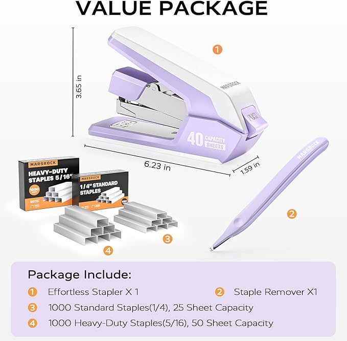 MARSROCK Effortless Stapler for Desk with 40-50 Sheet Capacity, 2000 Staples, 1-Touch Stapling, Ergonomic & Easy to Load Desktop Staplers, Heavy Duty Stapler, and Magnetic Staple Remover, Purple