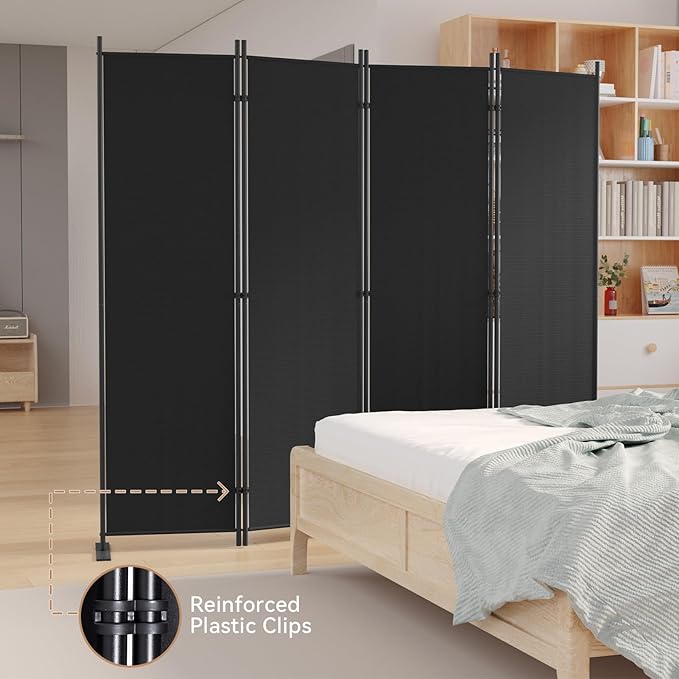 C-Hopetree 4 Panels Room Divider, 6 Ft Tall Indoor Folding Privacy Screen, Portable Partition Separator, Freestanding Separation Temporary Wall for Office, Bedroom, 80" W X 71" H, Black