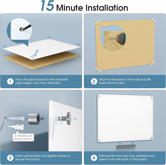 MaxGear Glass Whiteboard Tempered Magnetic Dry Erase Board 48 x 36 Inch Ultra White, Frameless Wall Mounted, Office Classroom Conference Room Home Use, Includes Markers, Eraser, Magnets & Mounting Kit