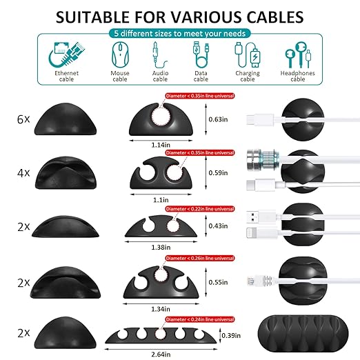 16Pack Black Desk Cable Management,Adjustable Cord Organizer Cable Clips,Cable Organizer for Cords Phone Charger/PC/TV,Ideal Cord Holder for Nightstand/Wall/Desk/Office/Home/Car