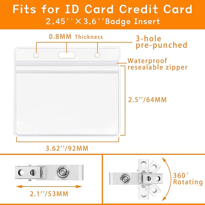 ZHEGUI ID Badge Holder with Clip Clear Plastic Name Tag Holders Horizontal Ziplock Waterproof PVC ID Card Holder with Clip Straps(50 Pack, Horizontal 2.3X3.5)