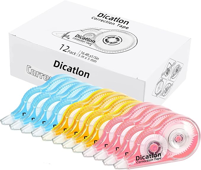 Dicatlon White Correction Tape 12 Pack, Easy Use Roller Applicator, Instant Dry, Jam Free PET Film, Smooth Precise Corrections for School, Office, Home