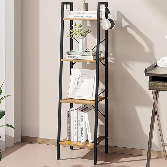 Hzuaneri Ladder Shelf, Bookshelf Bookcase, Freestanding Corner Storage Shelve with 2 Hooks for Home Office, Living Room, Kitchen, Bedroom, Industrial, 11.8"D x 13.4"W x 47.2"H, Rustic Brown BC13201B