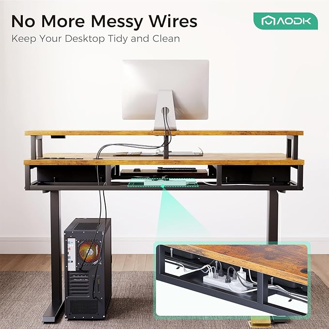 AODK Electric Standing Desk with Drawers & Keyboard Tray, 55 Inch Height Adjustable Gaming Desk with Power Outlets & LED Lights, Sit Stand Table with Monitor Stand for Home, Office, Rustic Brown