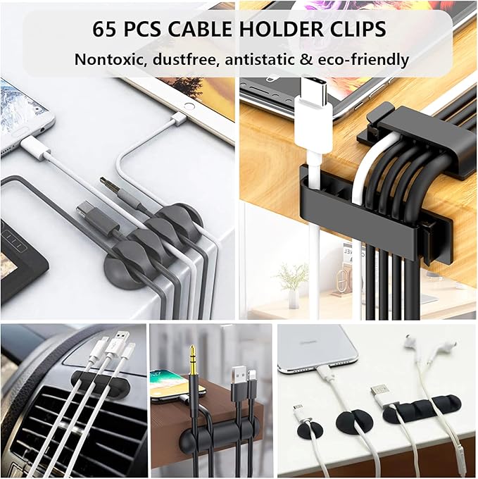 DRIVUU 311Pcs Cable Management Organizer Kit 4 Cable Sleeve Split,53Cable Clips 12Cord Clips Holder,22 Cable Ties, 20 Adhesive Wall Cable Tie, 200Fasten Cable Ties for TV Office Home Electronics