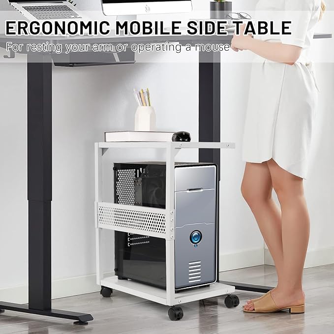 Bfttlity PC Stand Computer Tower Stand 2-Tier Metal CPU Holder with Locking Caster Wheels Suitable for Most PC (S,White)