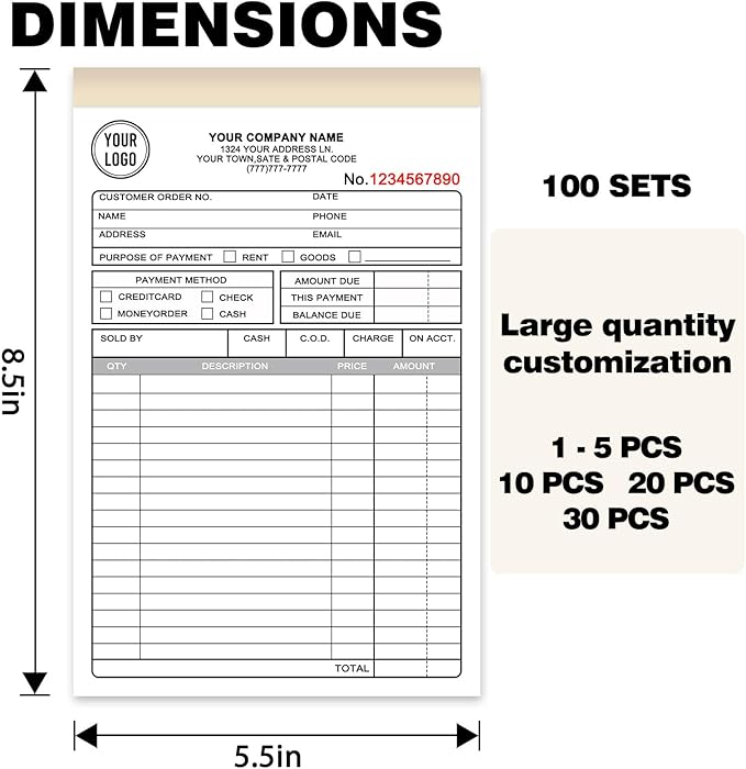 Custom 5.5" x 8.5" Invoice Book with Logo 100 Set Personalized Receipt Books Customized Invoices for Small Business 2 - Parts Carbonless Duplicate Invoice Forms NCR Books