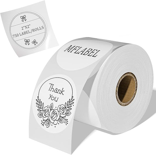 MFLABEL 2" 750 Labels White Circle Direct Thermal Stickers Labels Roll Compatible with Zebra, Rollo, MUNBYN, Self-Adhesive Round Direct Thermal Labels