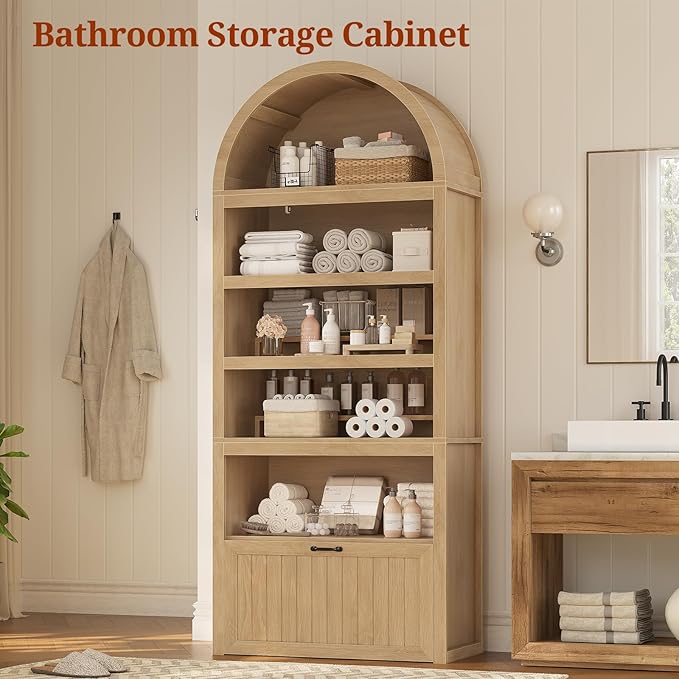 81" Tall Arched Cabinets,Bookcase with Drawer storage,Mid-Century Modern 5-Tier Bookshelf,2 Book Risers and Adjustable Shelves offering more storage space for Living Room,Kitchen,Home Office,Oak