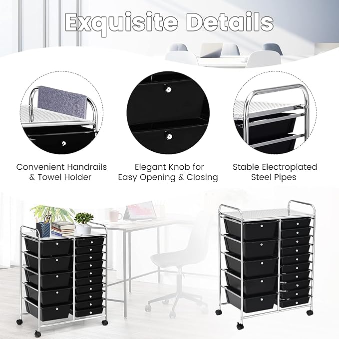 LDAILY 15 Drawer Rolling Storage Cart, Rolling Cart with Drawers for Classroom, Art Supply Craft Organizer on Wheel with Metal Frame & Handles for Home Office School