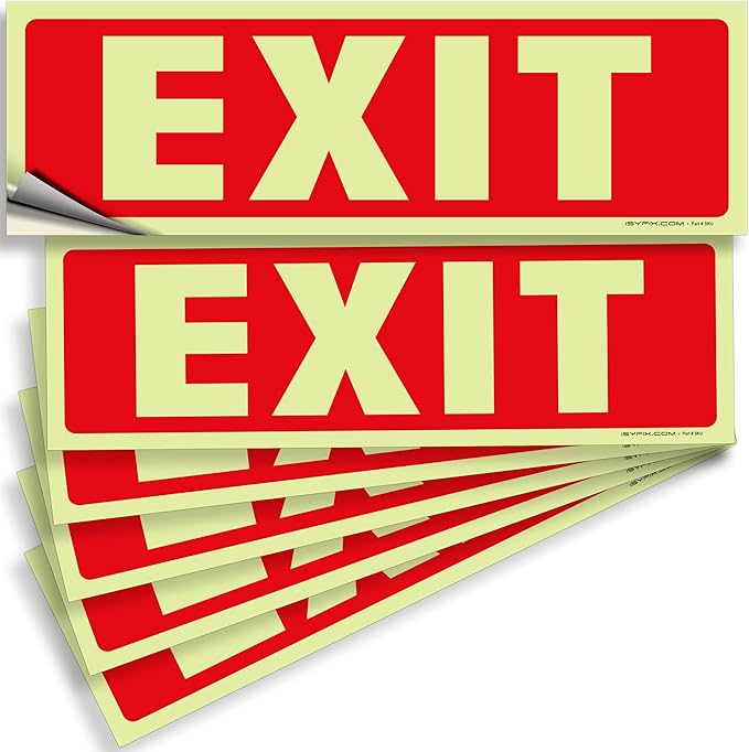 iSYFIX Exit Glow in the Dark Sign Stickers – 6 Pack 12x4 Inch – Photoluminescent Vinyl, Laminated for UV, Weather & Fade Resistance, Indoor & Outdoor for Business, School, Office, Warehouse