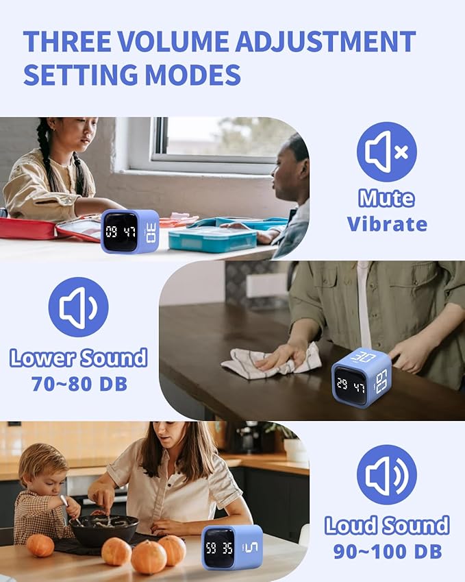 Productivity Timer Flip Gravity Sensor Cube Timer Countdown & Countup,Mute & Vibrate & Sound，5/10/30/60min & Custom Timing, Perfect for ADHD,Work,Learning,Kitchen Cooking (1Blue)