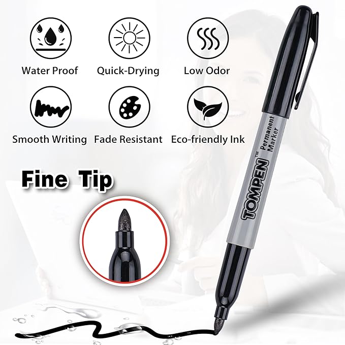 TOMPEN Black Permanent Markers Bulk Fine Tip 500 Pack,Use for Halloween,Waterproof Permanent Marker Pens with Quick Drying on Wood,Plastic,Paper,Metal,Mirror for Office School Classroom Home