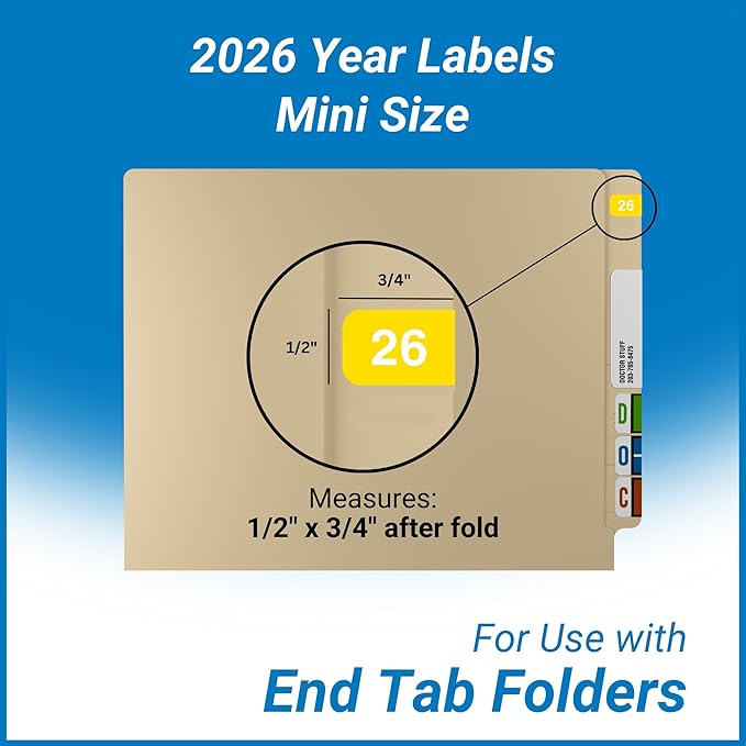 2026 MINI Year Labels, Doctor Stuff 2026 Chart Stickers, Yellow Color Coded, Ames Small Style, USA Made Year Stickers for End Tab File Folders, 500/Roll, 1 Roll, 1/2" x 1-1/2"