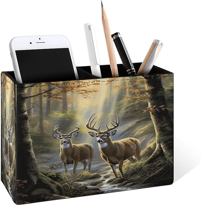 Famame Two Deer Autumn River Pencil Holder for Desk, Leather Desktop Container Pen Cup Storage Study Table Pen Organizer Makeup Brush Holder for Classroom Office Home