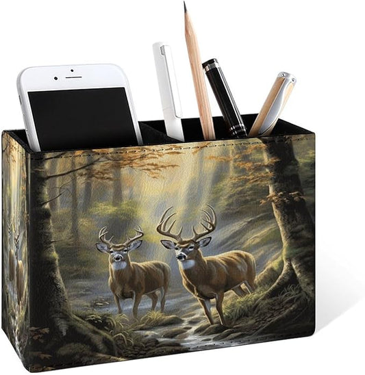 Famame Two Deer Autumn River Pencil Holder for Desk, Leather Desktop Container Pen Cup Storage Study Table Pen Organizer Makeup Brush Holder for Classroom Office Home