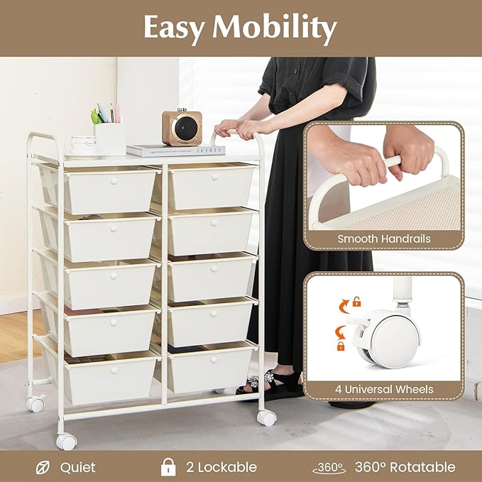 LDAILY 10 Drawer Rolling Cart, Storage Cart Organizer on Wheels, Drawer Cart with Metal Frame & Large Storage Capacity, Rolling Cart with Drawers for Living Room Classroom, Office