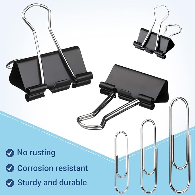 370 PCS Paper Clips and Binder Clips Set – Assorted Sizes Metal Clips (28-50mm Paper Clip + 15-25mm Binder Clip), Office Supplies for Home School