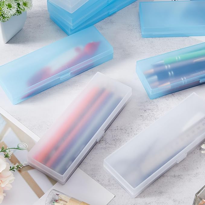 Fainne 24 Pcs Plastic Pencil Case Bulk Pencil Boxes Plastic Stationery Case Frosted Pen Box Pen Holder with Hinged Lid Snap Closure for Office(Single Layer,White, Blue,7.09 x 2.36 x 0.98 Inch)