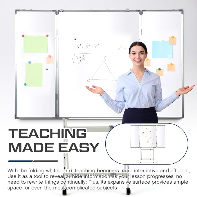 40" x 60" Rolling Whiteboard Foldable Dry Erase Board with Stand, Large Tri Folding Whiteboard Magnetic Dry Erase Board, Wall Aluminium Frame and Pen Tray for Education Office Home