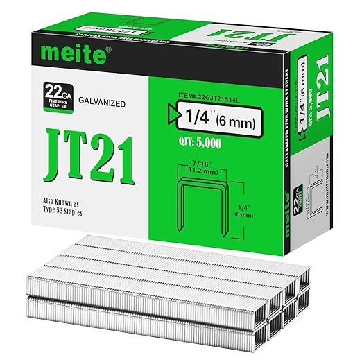 meite JT21 Staples, 1/4 Inch Galvanized Fine Wire Staples for Staple Gun - 7/16" Crown JT21 Staple Refill, Ideal for Upholstery, Crafts, Furniture (10 Boxes)