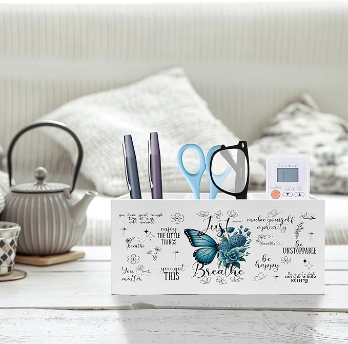 Exqcom Just Breathe Inspirational Pen Pencil Holder, Therapy Office Decor, Teal Butterfly Flower Mental Health Pencil Pen Holder Organizer for Home Counseling Office Desk Accessories