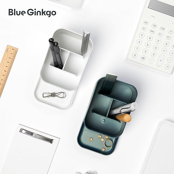 BLUE GINKGO Desk Holder – Korean-Made Office Organizer for Pencils, Pens, Notes, and Desk Supplies (White)