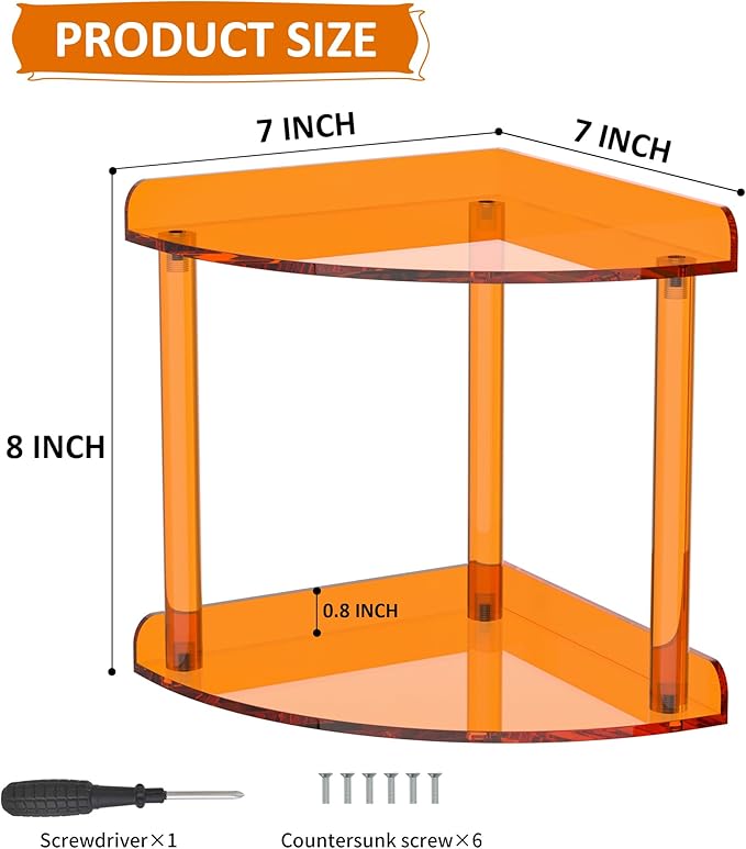 Sezanrpt 2 Tier Countertop Corner Organizer Shelf 7x7x8 Inch, Orange Acrylic Bathroom Corner Shelf for Countertop, Vanity Storage for Skincare, Cosmetics, Perfume