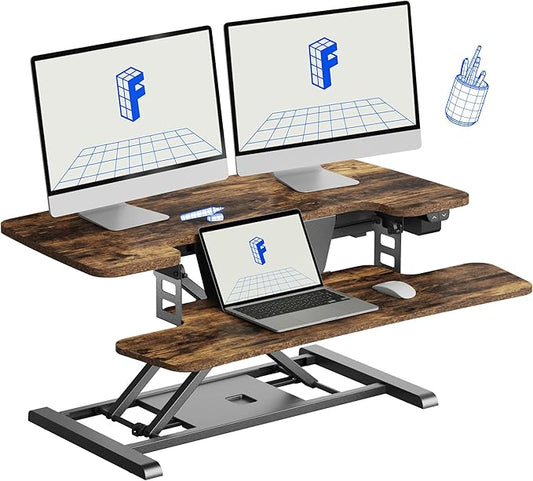 FLEXISPOT 35" Electric Standing Desk Converter, Height Adjustable Motorized Desk Riser for Computer Monitors & Laptop Workstation, Rustic Color