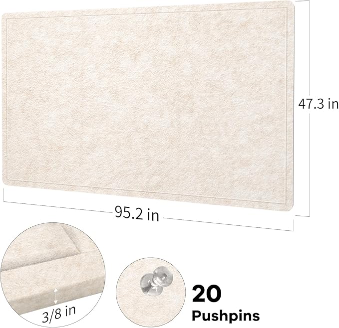 Extra Large Bulletin Board - 96 x 48 Inches, Decorative Felt Pin Board for Wall - 8' x 4' Foldable Photo Display Board with Self-Adhesive Tape, Includes 20 Push Pins - Oatmeal