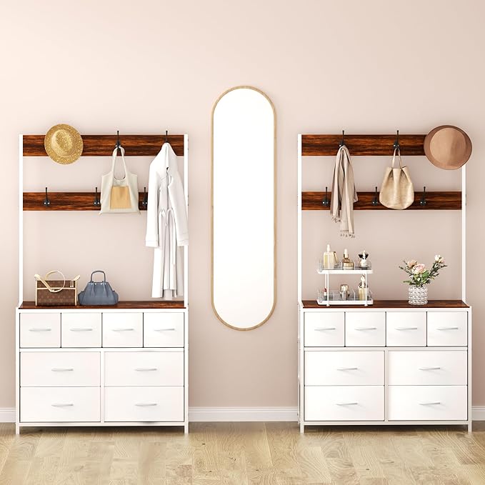 YKVIQBY 8 Drawer Dresser with 6 Double Hooks, 68.9" Tall Closet Organizer and Storage, Fabric Dresser for Bedroom, Nursery, Closet, Space-Saving Freestanding Storage Cabinet (White)