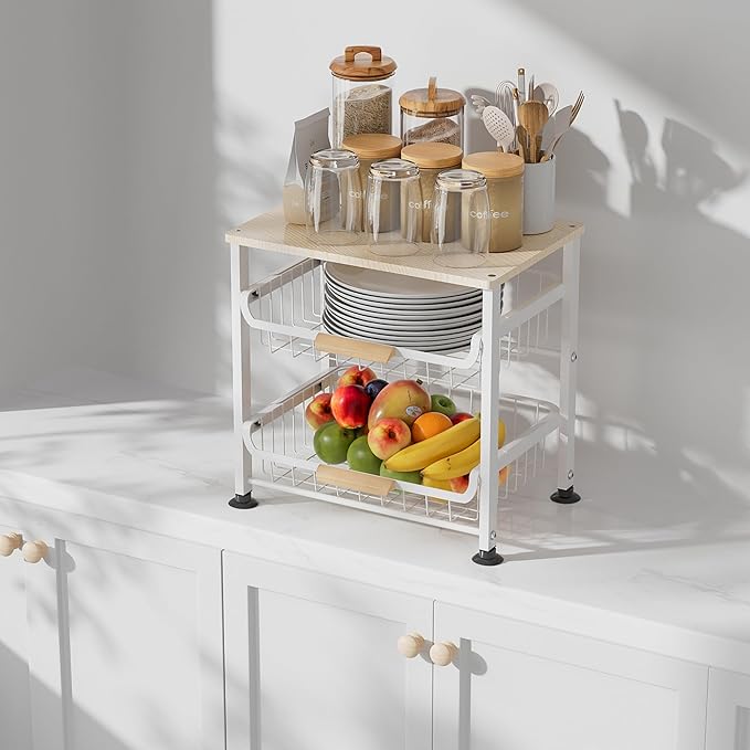 NiuYichee 3-layer Kitchen Fruit Storage Basket Snack Rack, Countertop & Desktop Pull-out Metal Basket with Handle, Organizers