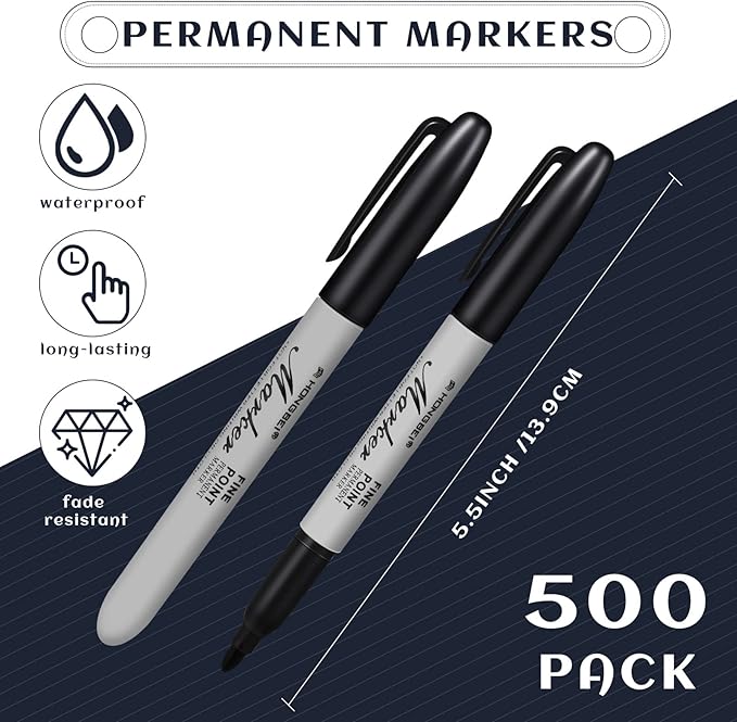 Thenshop 500 Pack Black Permanent Markers Bulk - Fine Point Permanent Marker Quick Drying Waterproof Pens for Doodling Writing Marking Classroom Work on Wood Metal Stone Glass, Office School Supplies