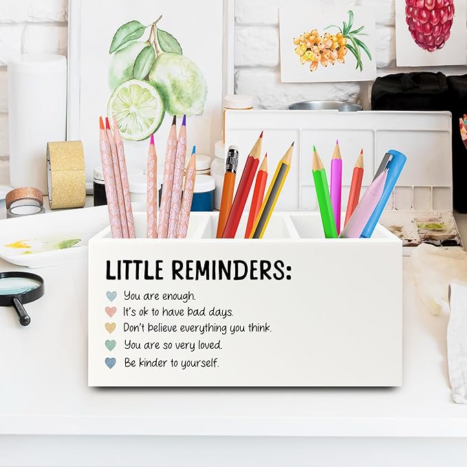 XPH Little Reminders Inspirational Pen Pencil Holder Organizer for Desk, Positive Gifts, Mental Health Motivational Wooden Box Sign for Therapy Counselor Office Classroom Desk Tabletop Decorations